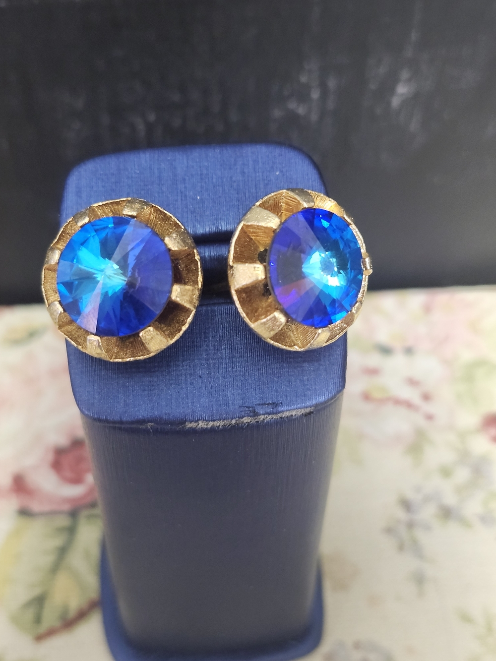 Gold-Tone Ravioli Cufflinks with Blue Crystal Center